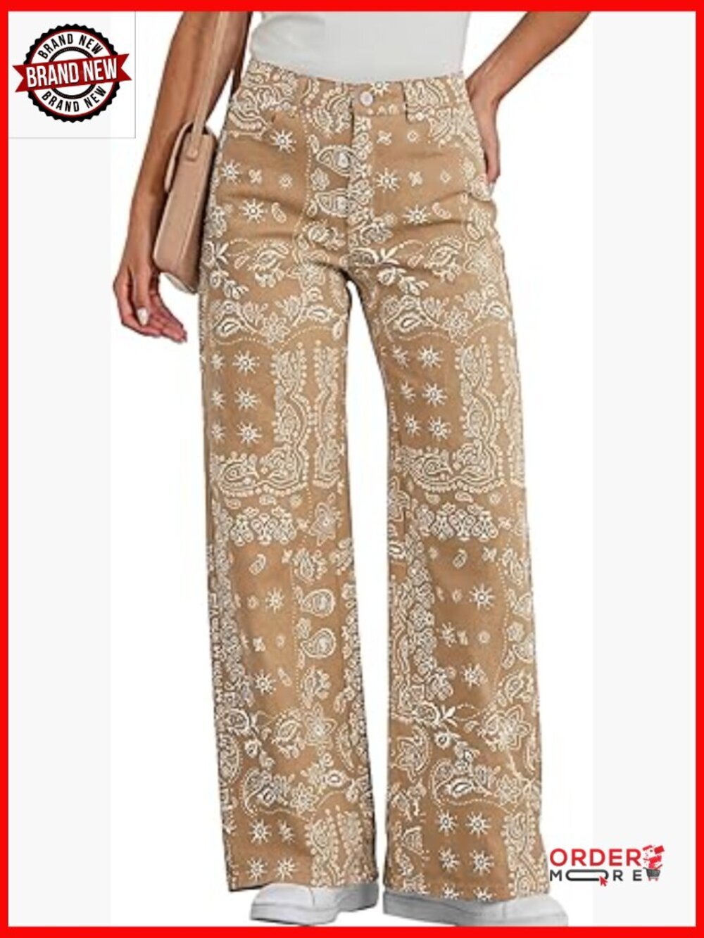High Waist Floral Printed Baggy Wide Leg Jeans with Pockets